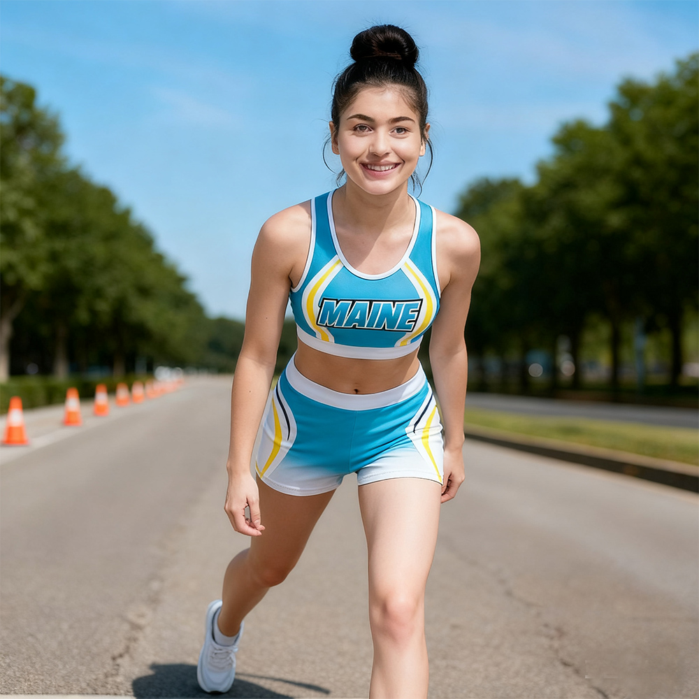 Turquoise White Yellow Sporty Cheerleading Crop Top High Waist Short
