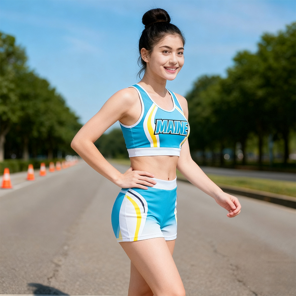 Turquoise White Yellow Sporty Cheerleading Crop Top High Waist Short