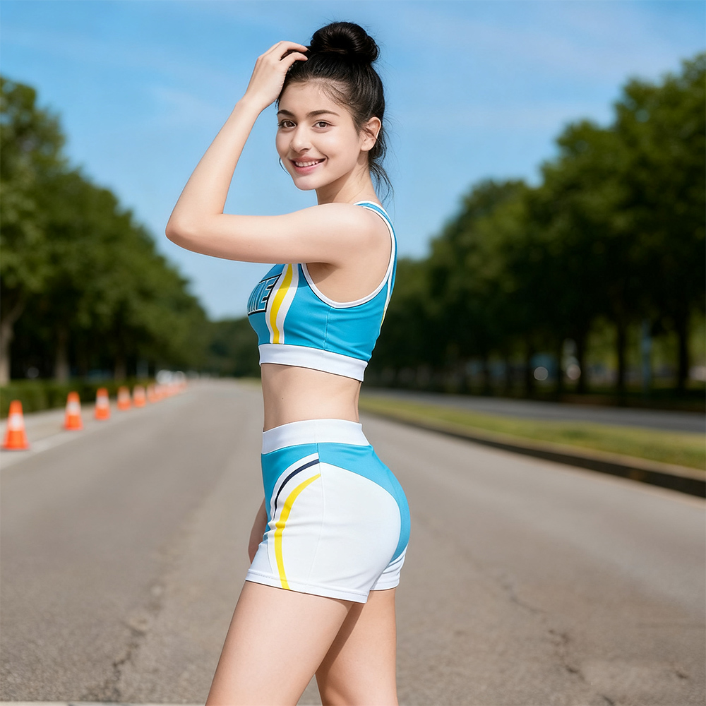 Turquoise White Yellow Sporty Cheerleading Crop Top High Waist Short