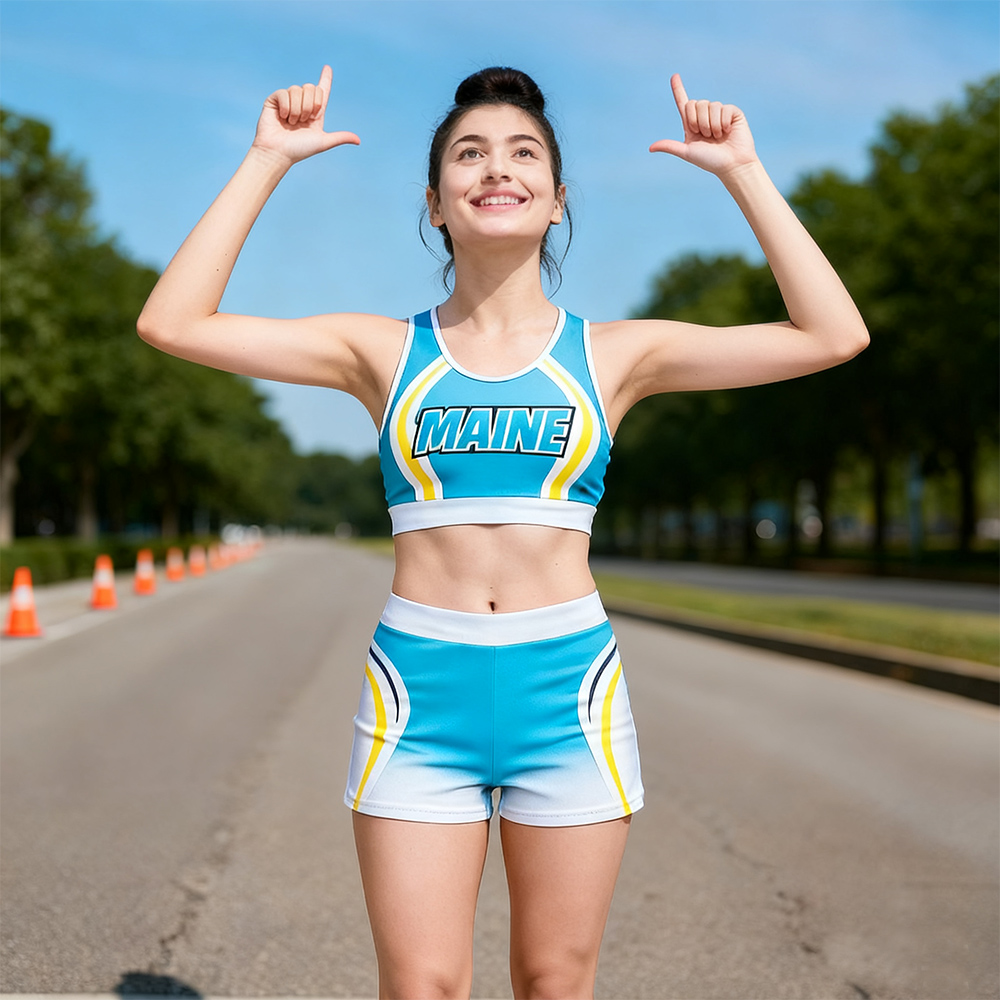 Turquoise White Yellow Sporty Cheerleading Crop Top High Waist Short