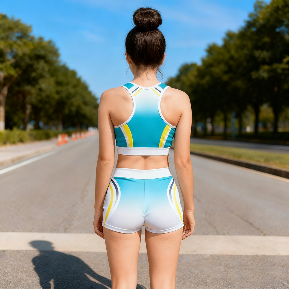 Turquoise White Yellow Sporty Cheerleading Crop Top High Waist Short