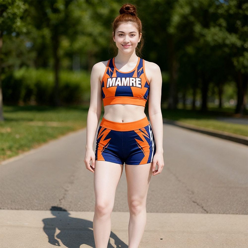 Navy Blue Orange Lightning Cheer Uniform Sleeveless Crop Top Gradient Shorts Set