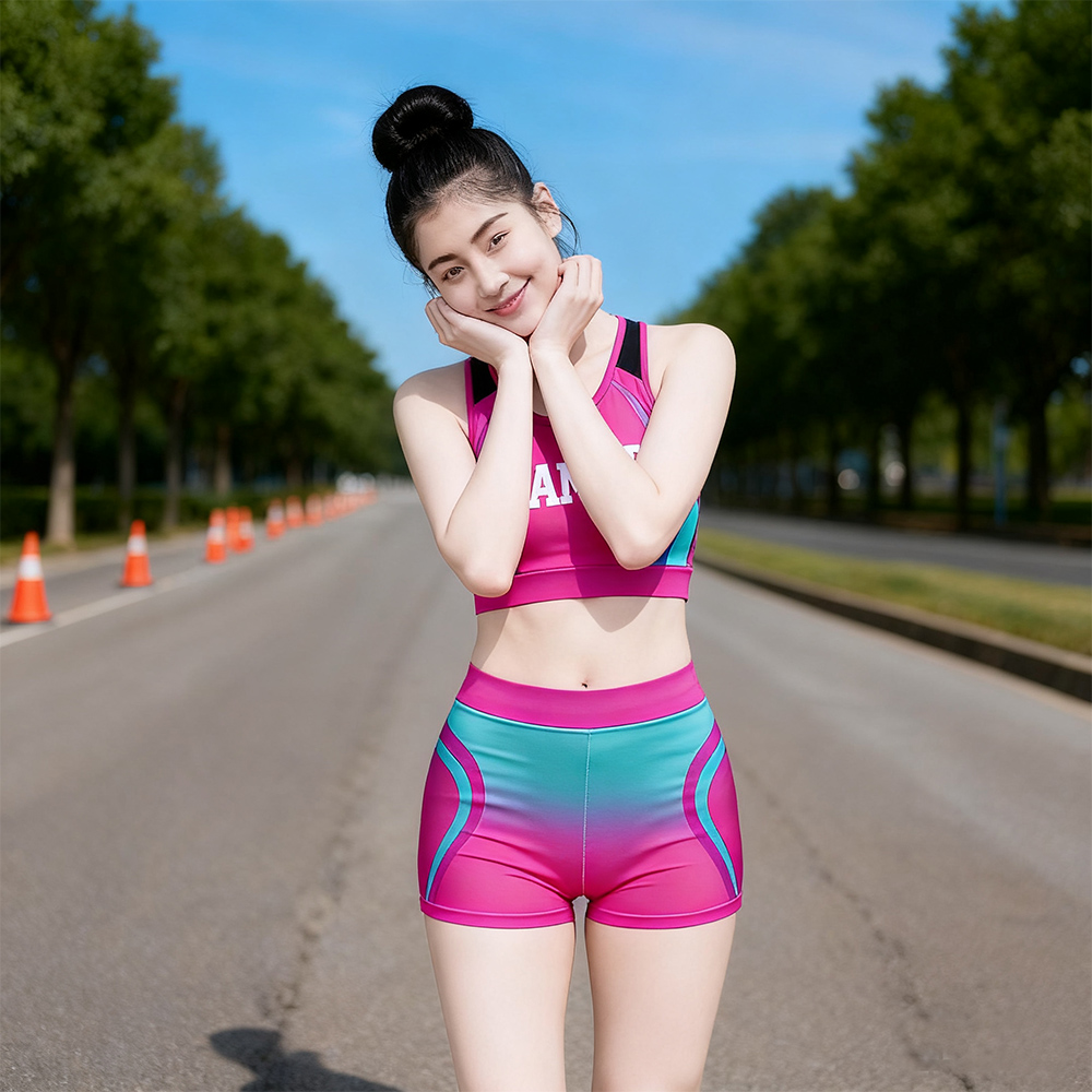 Fresh Pink Teal Cheerleading Costume Sleeveless Crop Top High Waist Shorts Set
