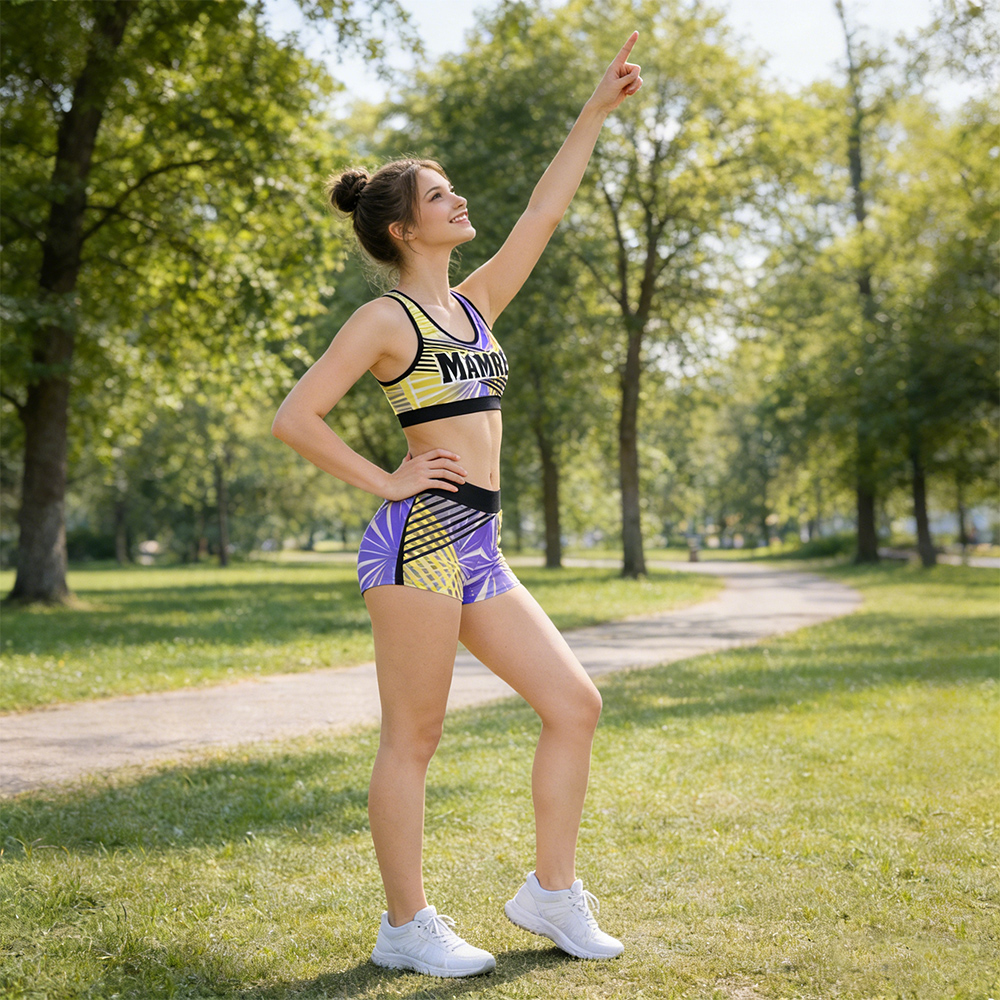 Custom Purple Yellow Sunburst Cheerleading Crop Top And Shorts Set