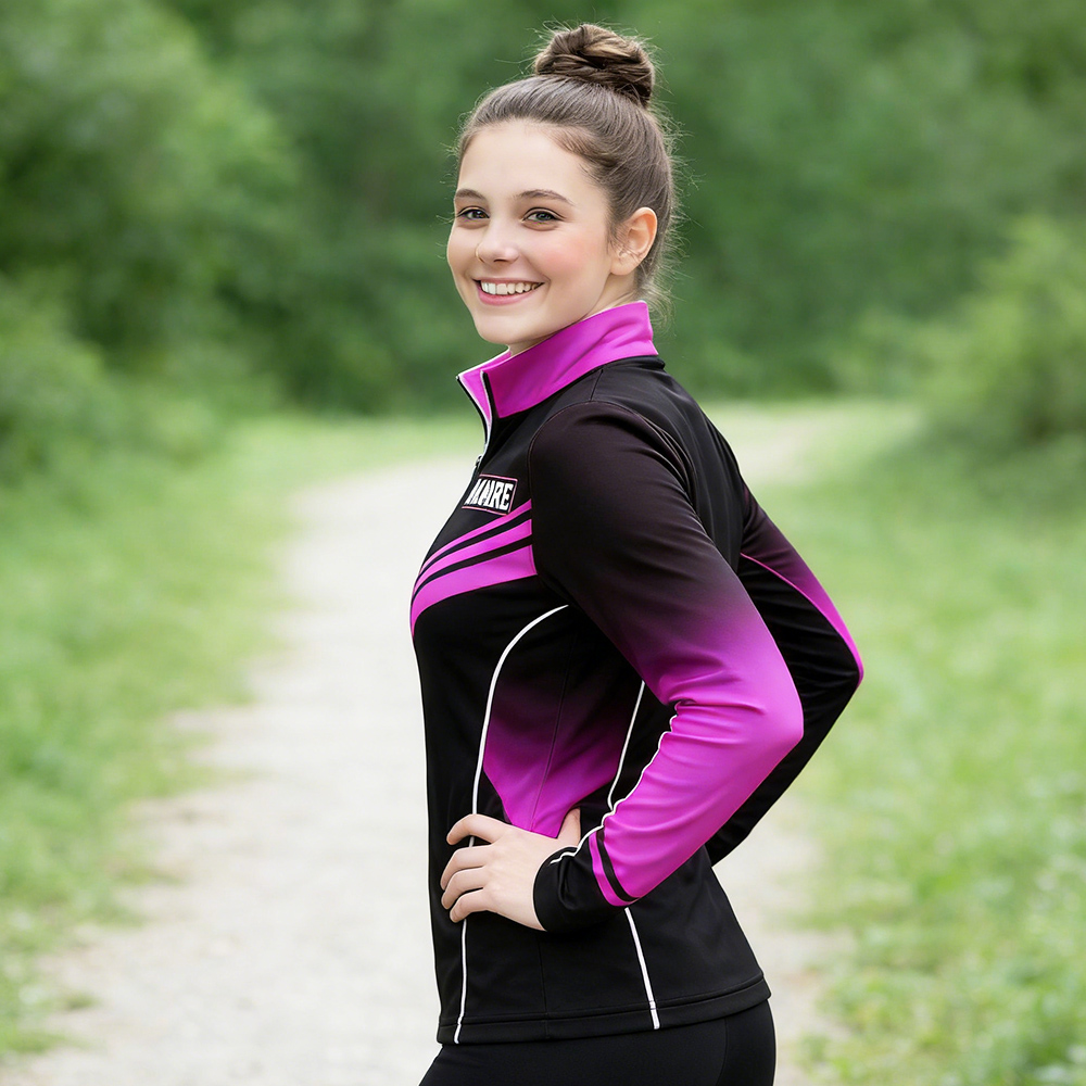 Custom Black Magenta Chevron Cheerleading Jacket Women Long Sleeve Full Zip Track Warm Up Jacket Set