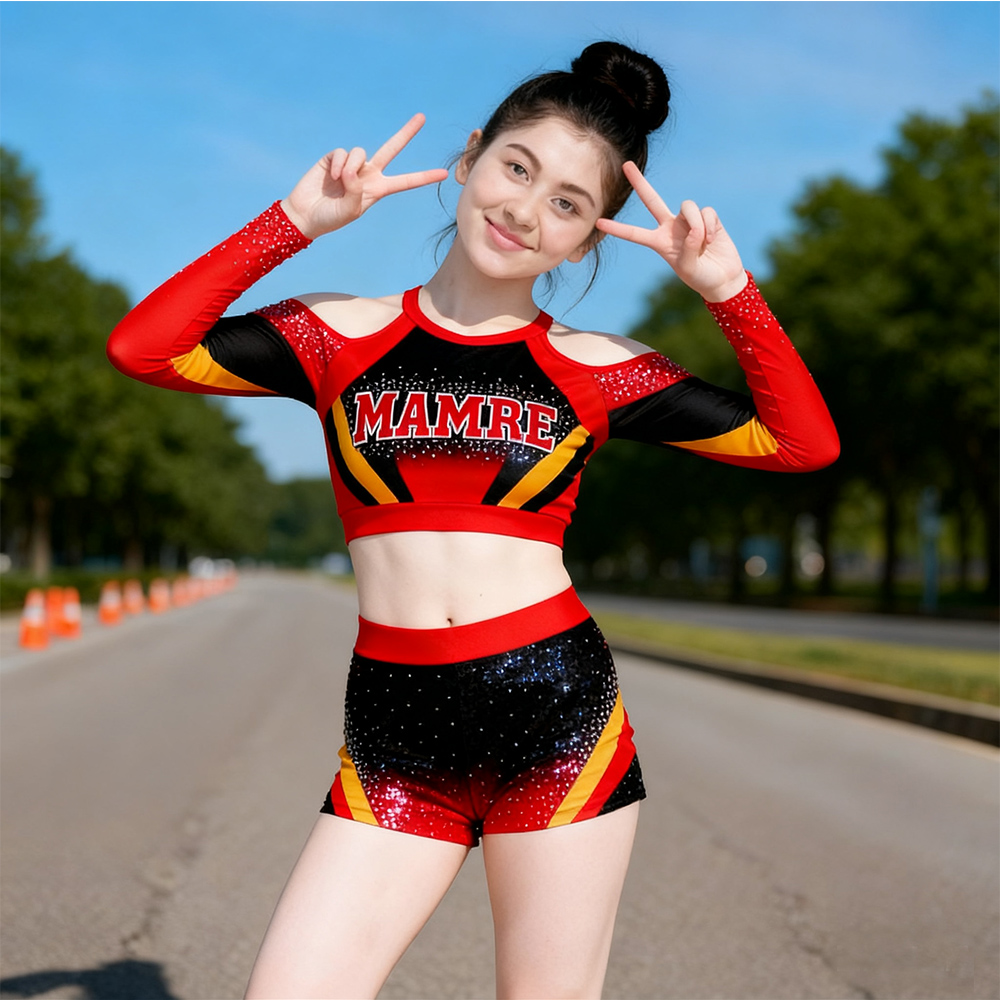 Custom Black Red Yellow Rhinestone Cheerleading Uniform