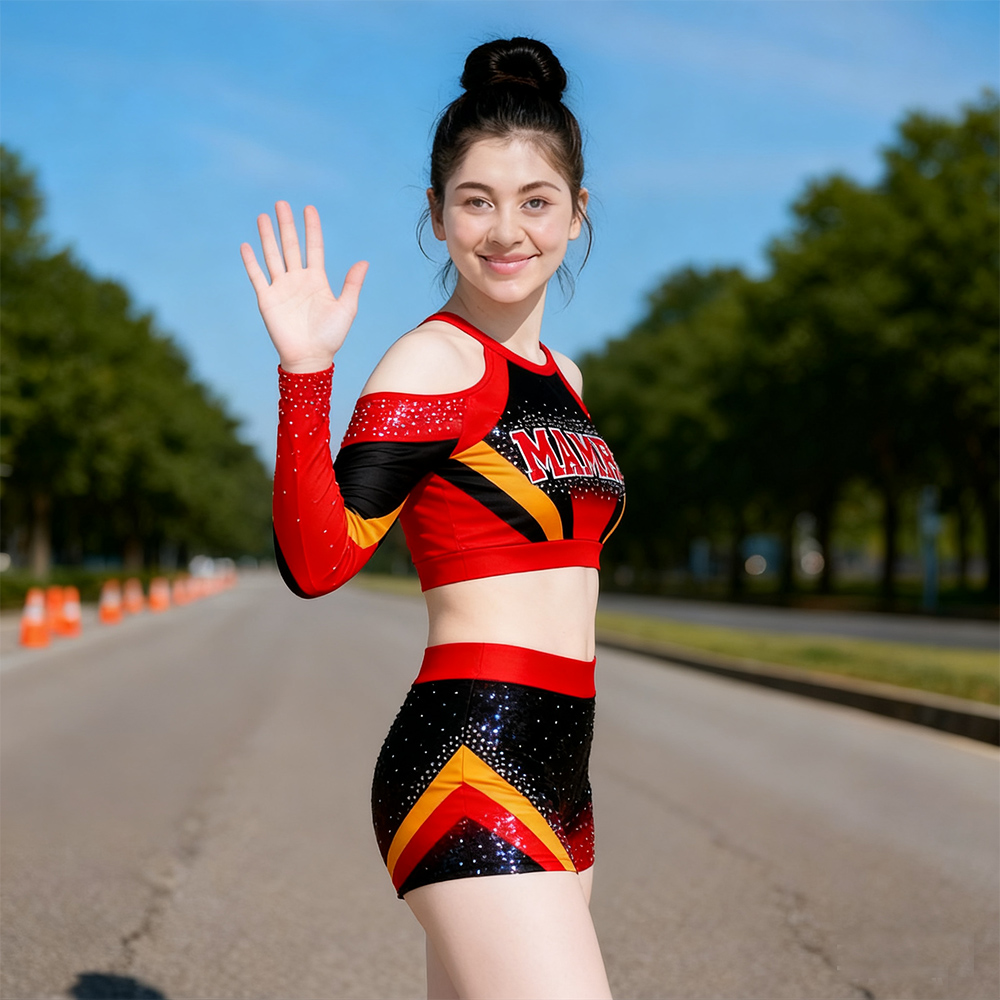 Custom Black Red Yellow Rhinestone Cheerleading Uniform