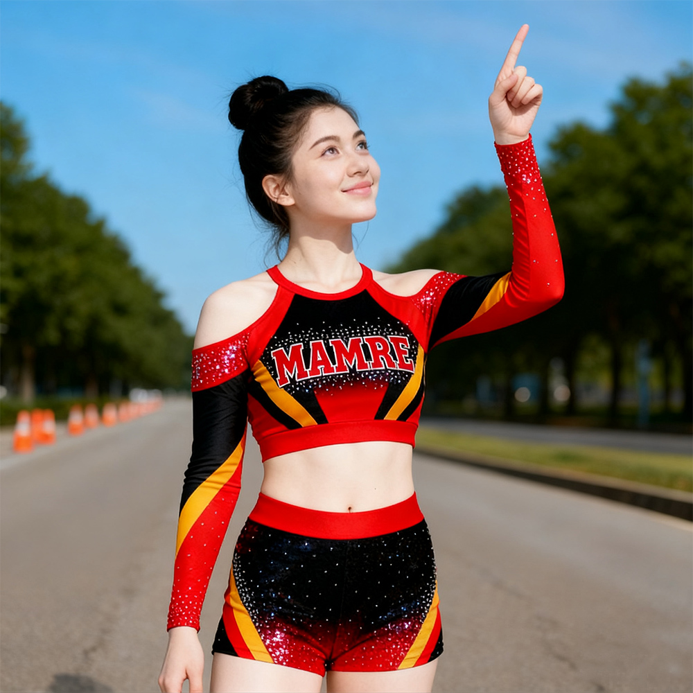 Custom Black Red Yellow Rhinestone Cheerleading Uniform