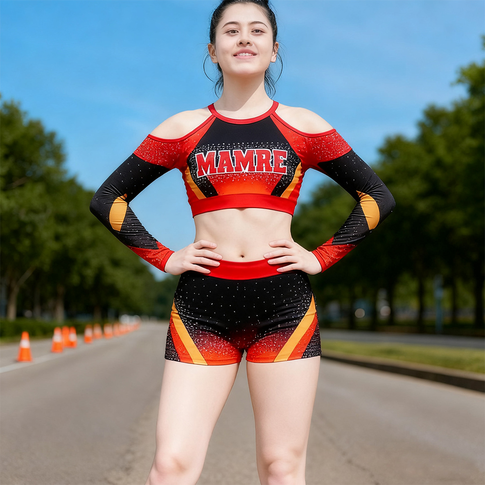Custom Black Red Yellow Rhinestone Cheerleading Uniform