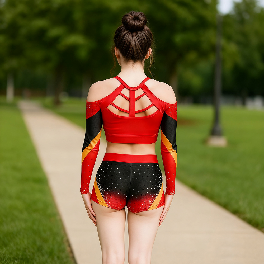 Custom Black Red Yellow Rhinestone Cheerleading Uniform