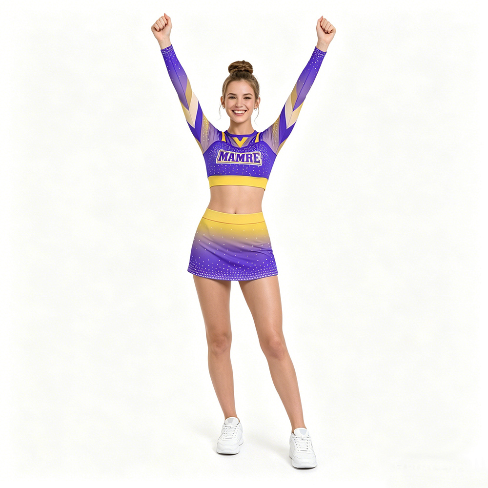Custom Purple Yellow Gradient Sparkle Cheerleading Uniform