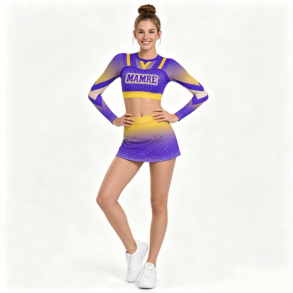 Custom Purple Yellow Gradient Sparkle Cheerleading Uniform