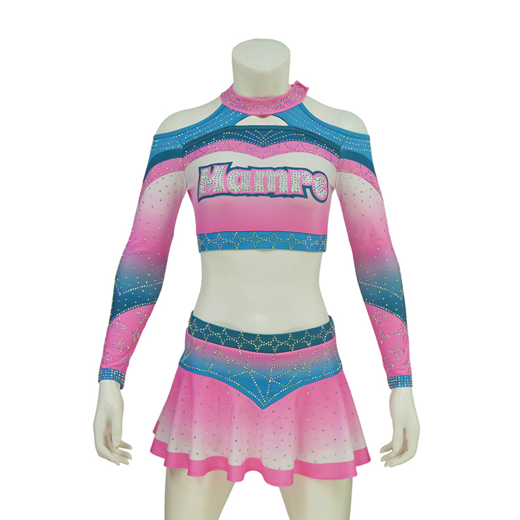 Pink Turquoise Blue White Gradient Heavy Rhinestone Cheerleading Uniform