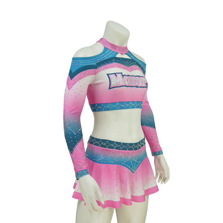 Pink Turquoise Blue White Gradient Heavy Rhinestone Cheerleading Uniform