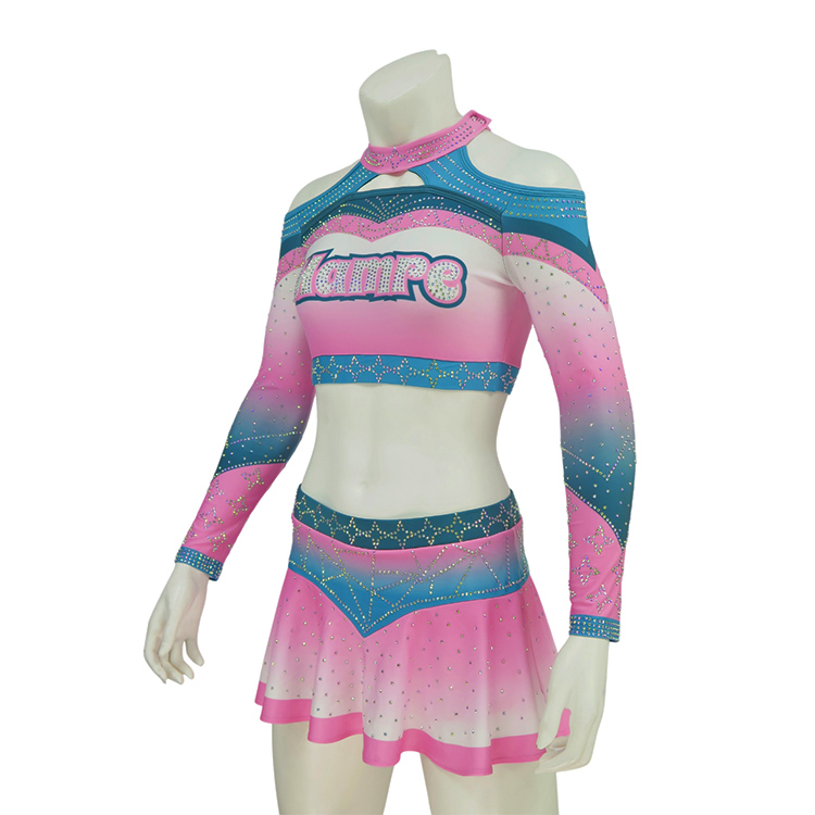Pink Turquoise Blue White Gradient Heavy Rhinestone Cheerleading Uniform
