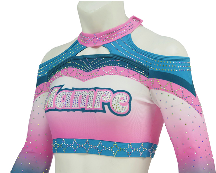 Pink Turquoise Blue White Gradient Heavy Rhinestone Cheerleading Uniform