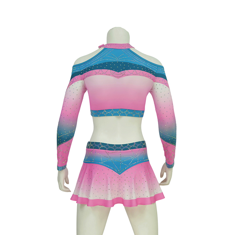 Pink Turquoise Blue White Gradient Heavy Rhinestone Cheerleading Uniform