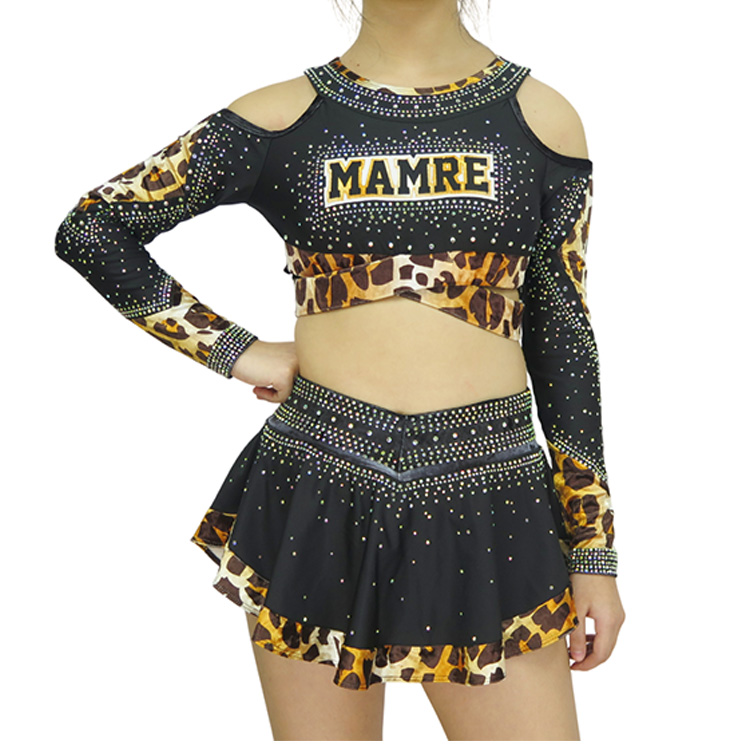 Custom Black Leopard Print Luxury Rhinestone Cheerleading Uniform