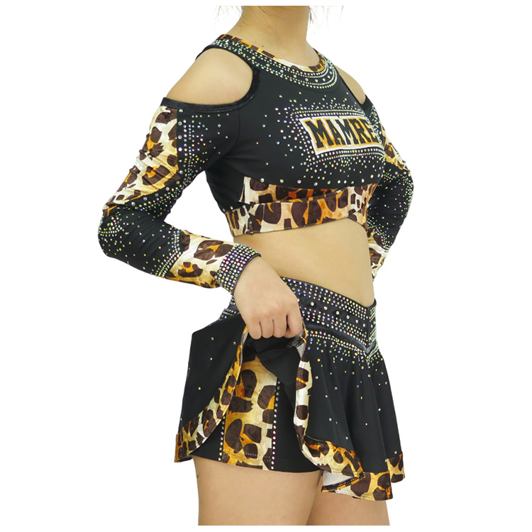 Custom Black Leopard Print Luxury Rhinestone Cheerleading Uniform
