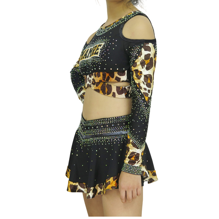 Custom Black Leopard Print Luxury Rhinestone Cheerleading Uniform