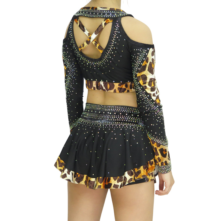 Custom Black Leopard Print Luxury Rhinestone Cheerleading Uniform