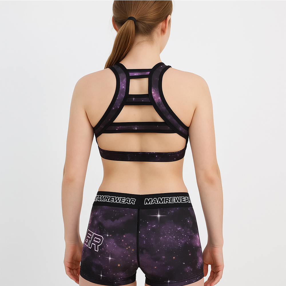 Purple Galaxy Starry Cosmic Cheer Racerback Crop Top And Shorts