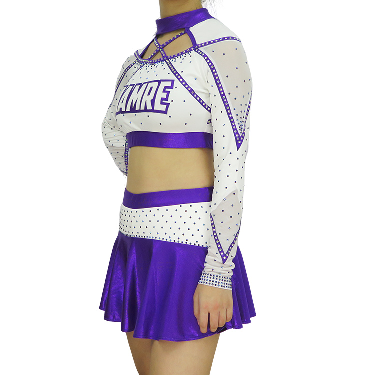 Custom White Purple Criss Cross Rhinestone Cheerleading Uniform
