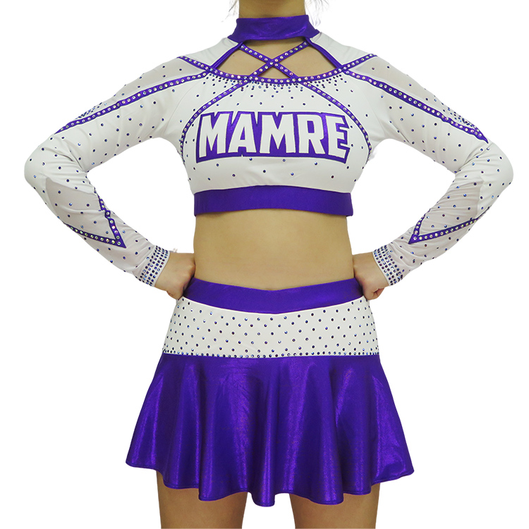 Custom White Purple Criss Cross Rhinestone Cheerleading Uniform