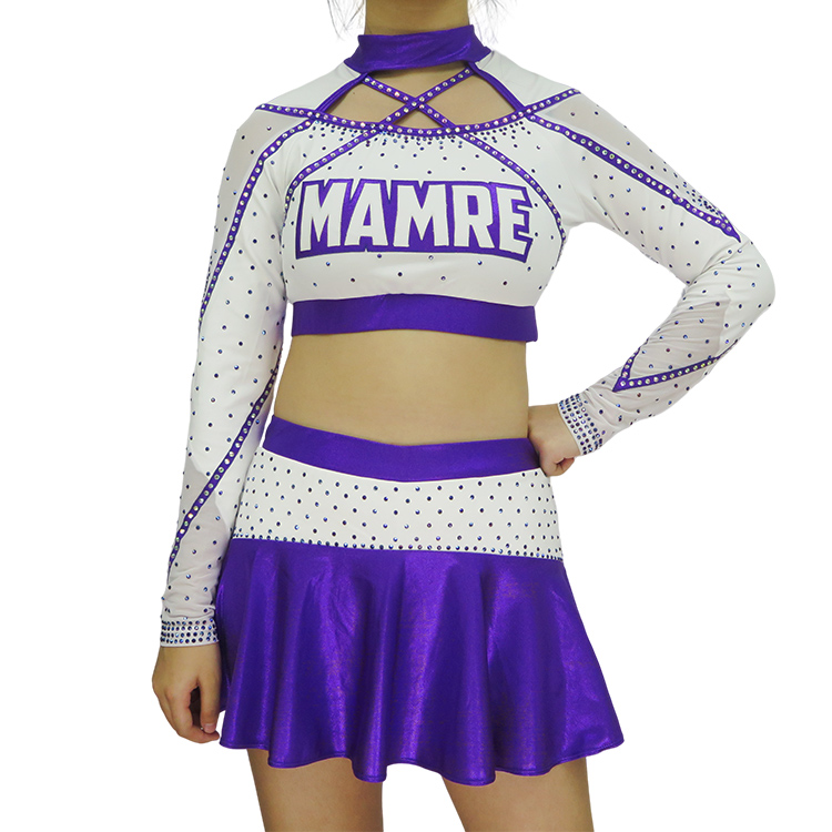 Custom White Purple Criss Cross Rhinestone Cheerleading Uniform