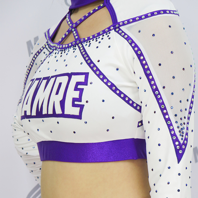 Custom White Purple Criss Cross Rhinestone Cheerleading Uniform