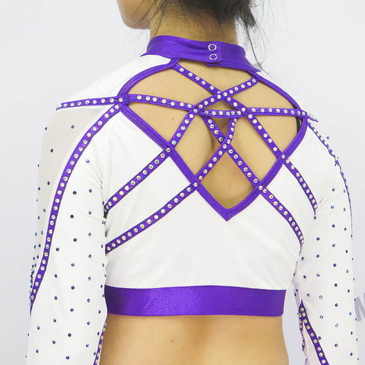 Custom White Purple Criss Cross Rhinestone Cheerleading Uniform