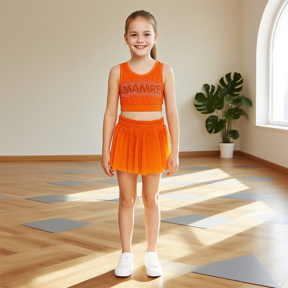Girls Bright Orange Sleeveless Crop Top Pleated Mini Skirt Set