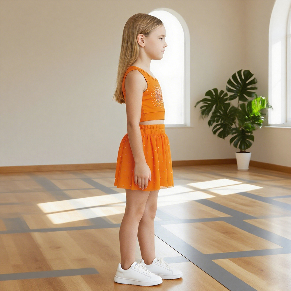 Girls Bright Orange Sleeveless Crop Top Pleated Mini Skirt Set