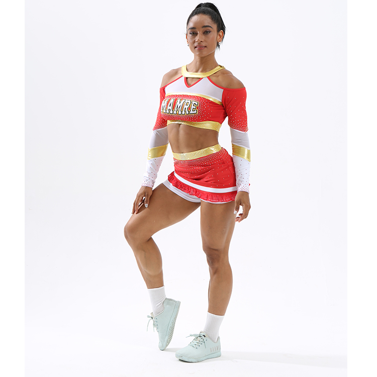Red White Gold Heavy Rhinestone Cold Shoulder Cheerleading Uniform