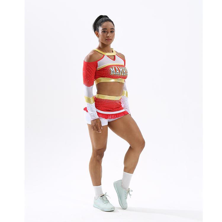 Red White Gold Heavy Rhinestone Cold Shoulder Cheerleading Uniform