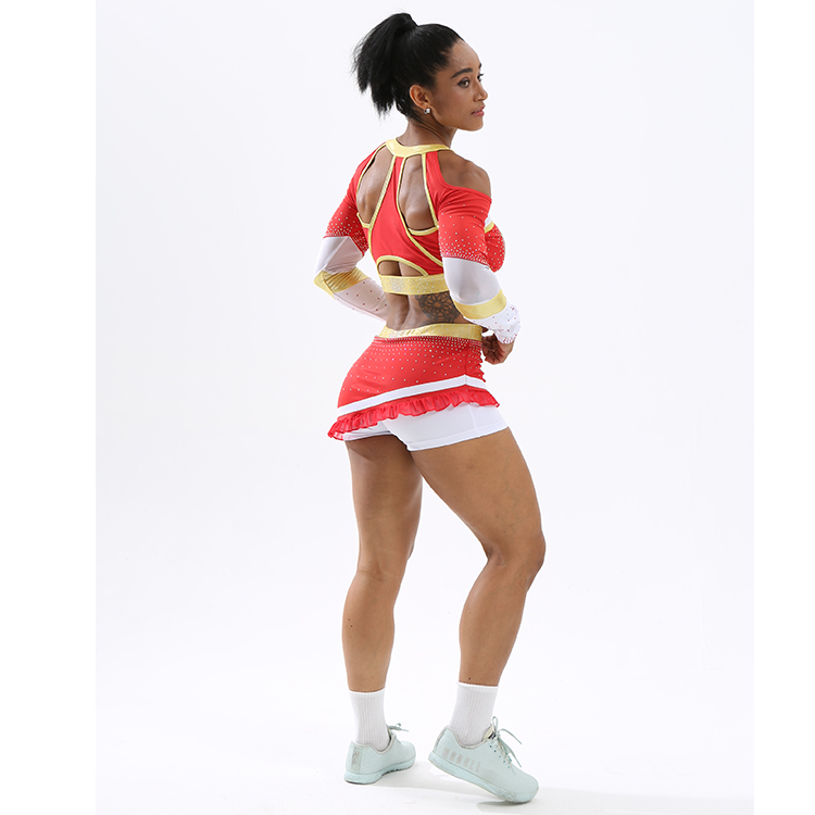 Red White Gold Heavy Rhinestone Cold Shoulder Cheerleading Uniform