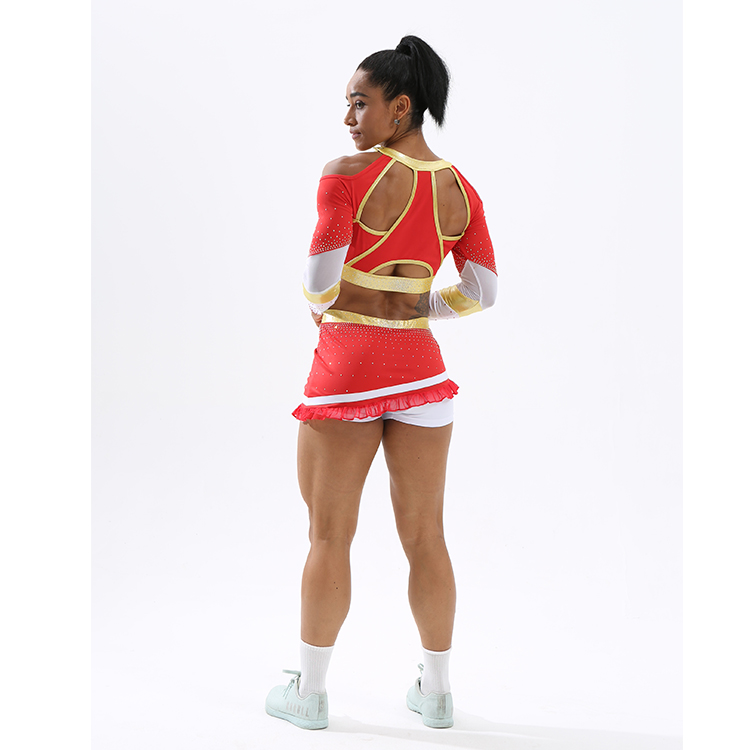 Red White Gold Heavy Rhinestone Cold Shoulder Cheerleading Uniform