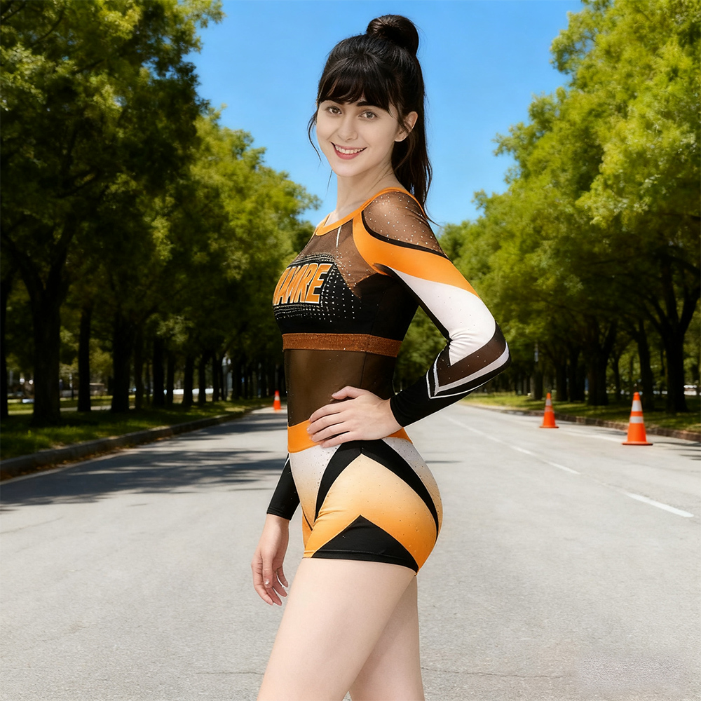 Girls Orange Black Rhinestone Long Sleeve Cheerleader Outfits 