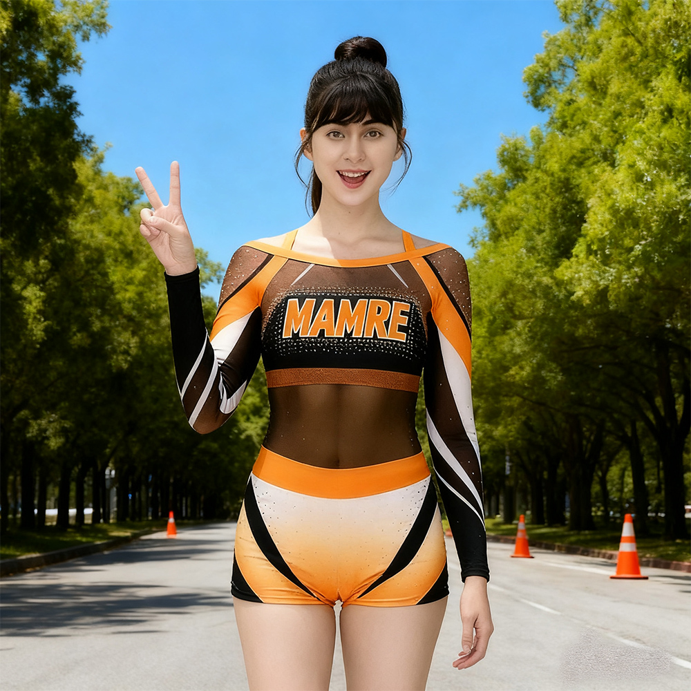 Girls Orange Black Rhinestone Long Sleeve Cheerleader Outfits 