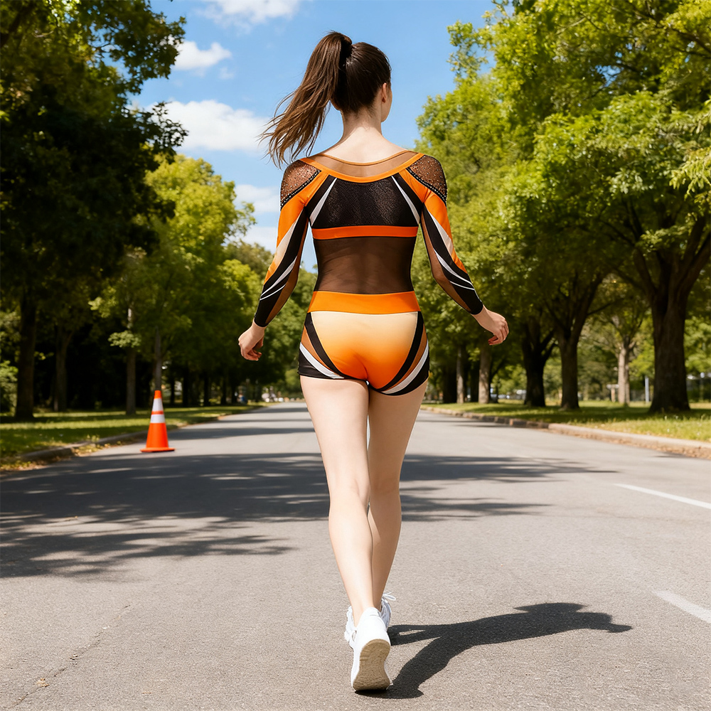 Girls Orange Black Rhinestone Long Sleeve Cheerleader Outfits 