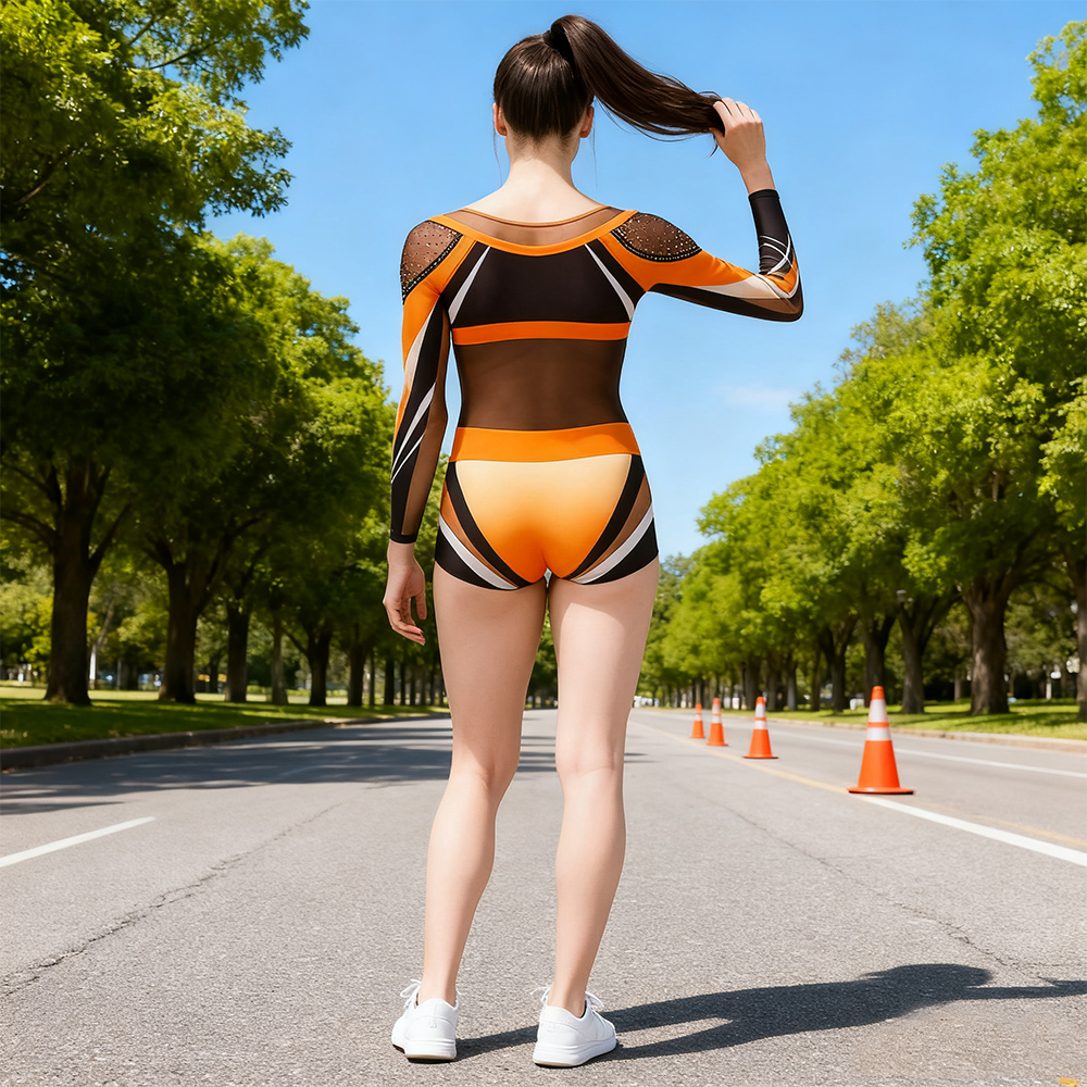 Girls Orange Black Rhinestone Long Sleeve Cheerleader Outfits 