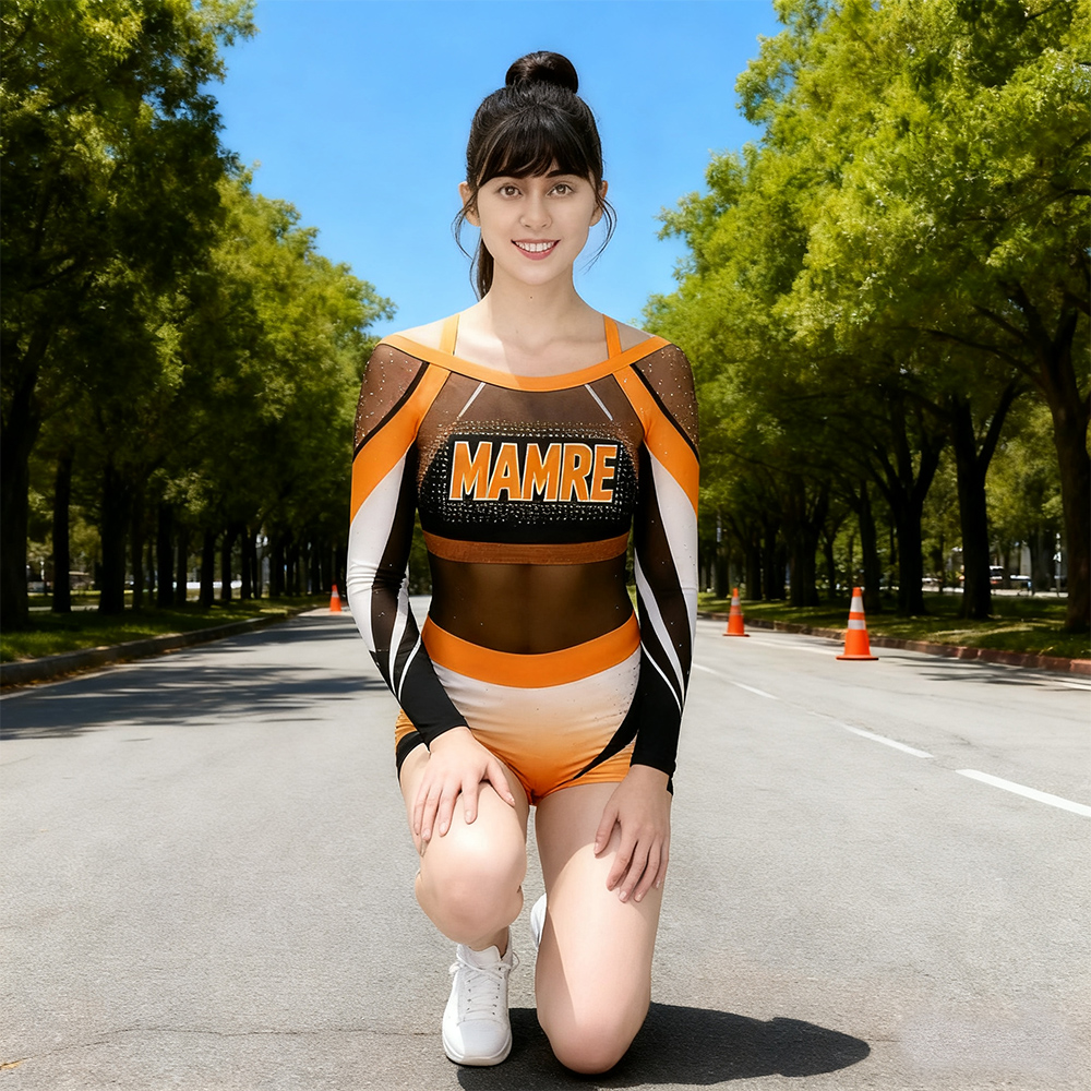 Girls Orange Black Rhinestone Long Sleeve Cheerleader Outfits 