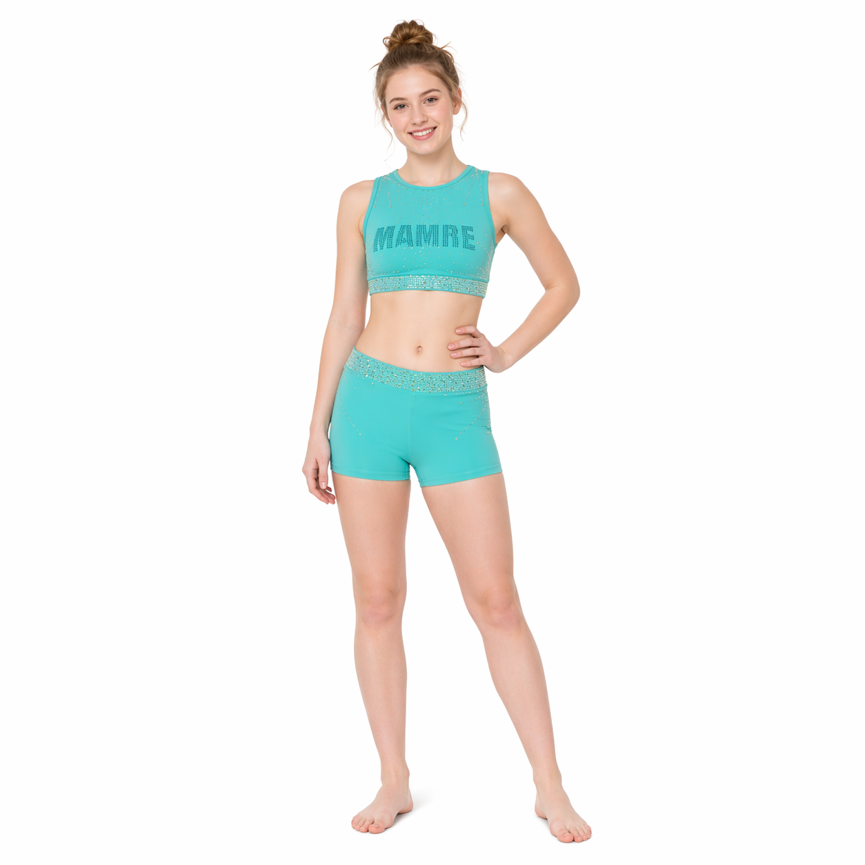 Custom Teal Mint Green Cheerleading Crop Top and Shorts