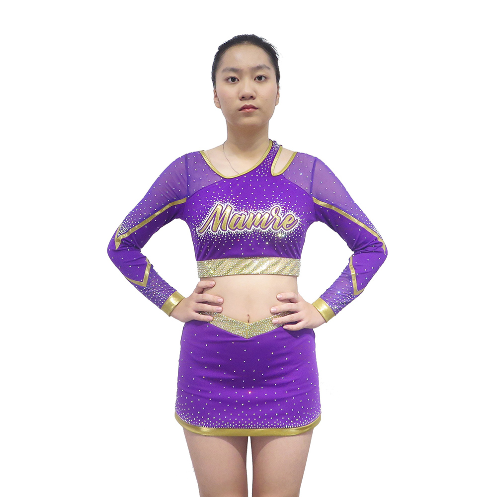 Girls Asymmetric Cut-out Long Sleeve Rhinestone Cheerleader Outfits