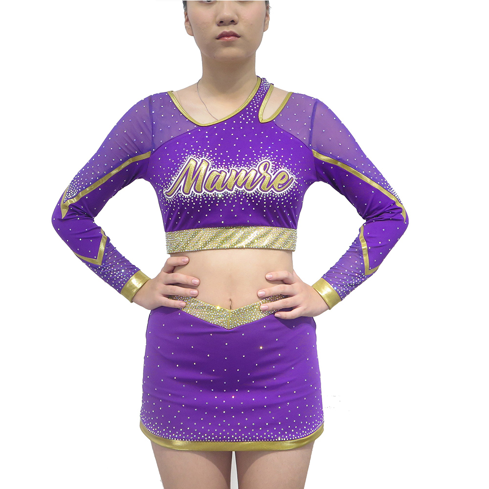 Girls Asymmetric Cut-out Long Sleeve Rhinestone Cheerleader Outfits