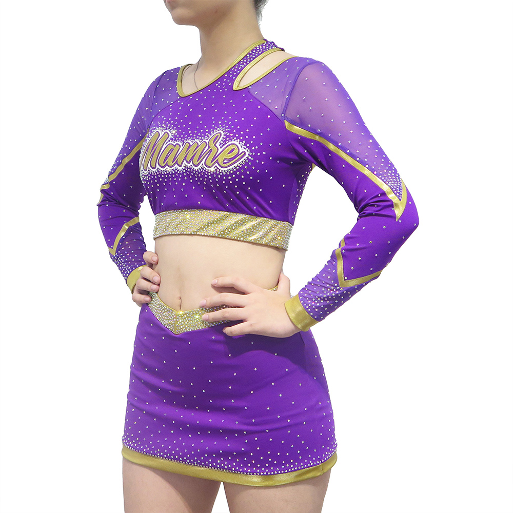 Girls Asymmetric Cut-out Long Sleeve Rhinestone Cheerleader Outfits