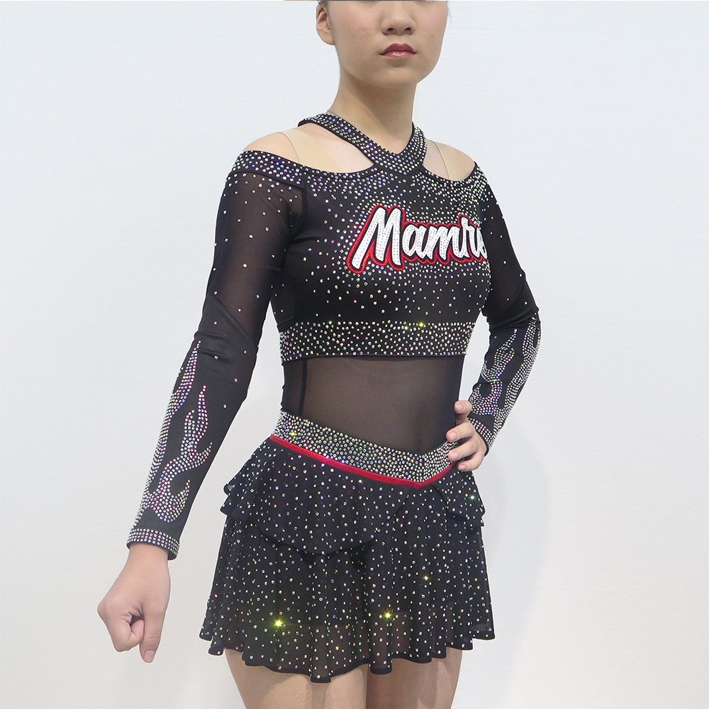  Girls Criss-cross Halter Long Sleeve Rhinestone Cheerleader Outfits 