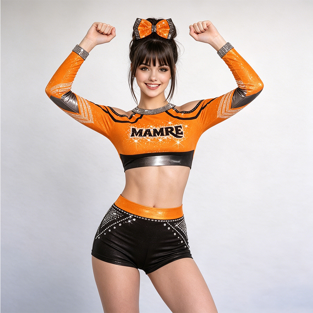 Girls Orange Black Cold Shoulder Long Sleeve Cheerleader Outfits