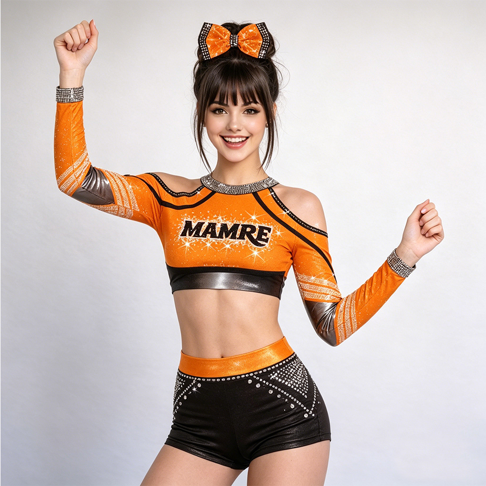Girls Orange Black Cold Shoulder Long Sleeve Cheerleader Outfits