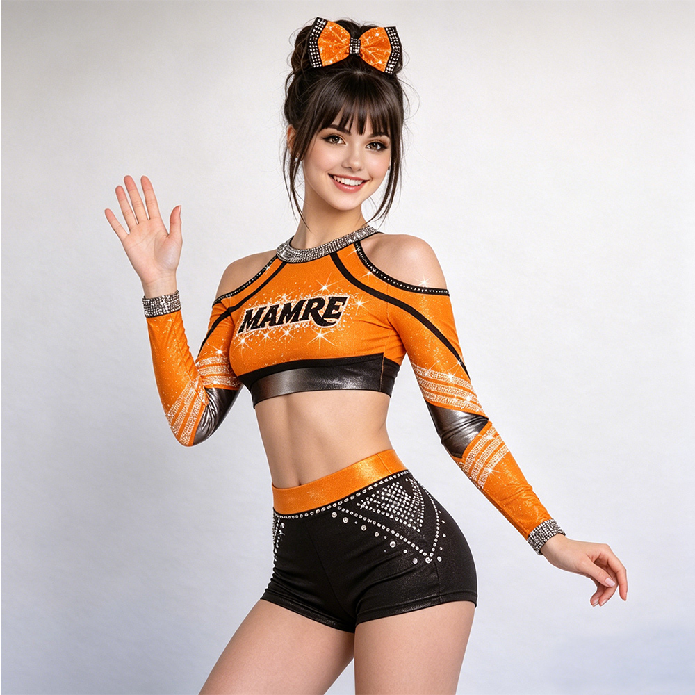 Girls Orange Black Cold Shoulder Long Sleeve Cheerleader Outfits